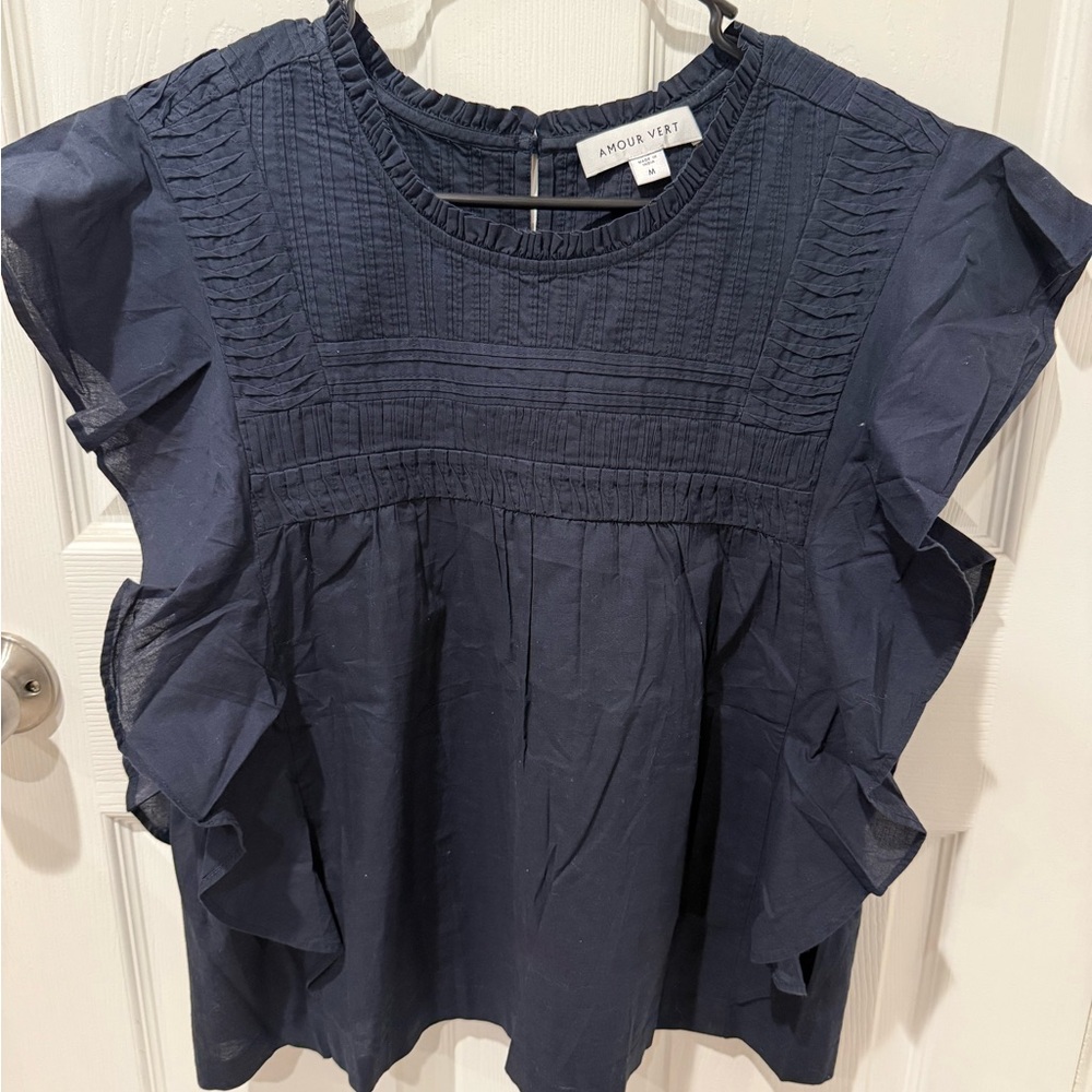 Amour Vert Navy Ruffle Sleeve Top
